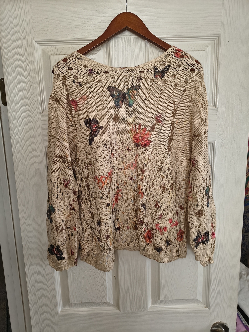 Cream Open-Knit Butterfly & Floral Scoop Neck Sweater